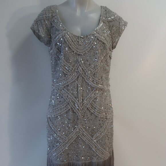 Womens Aidan Mattox Gray Silver Sequin Cap Sleeve Midi Sheath Pencil Dress 14 - Picture 2 of 16